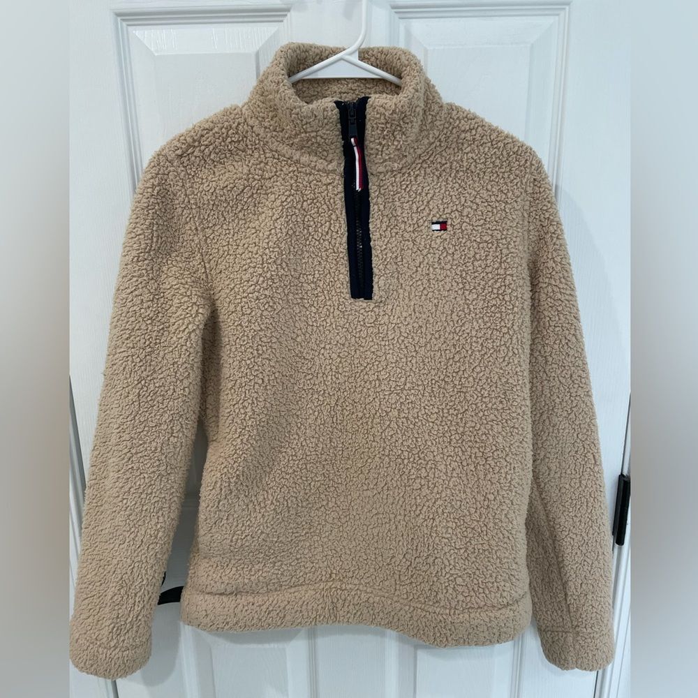 Tommy Hilfiger Tan Teddy Faux Fur Quarter Zip Pullover Sweater Women’s Size XS